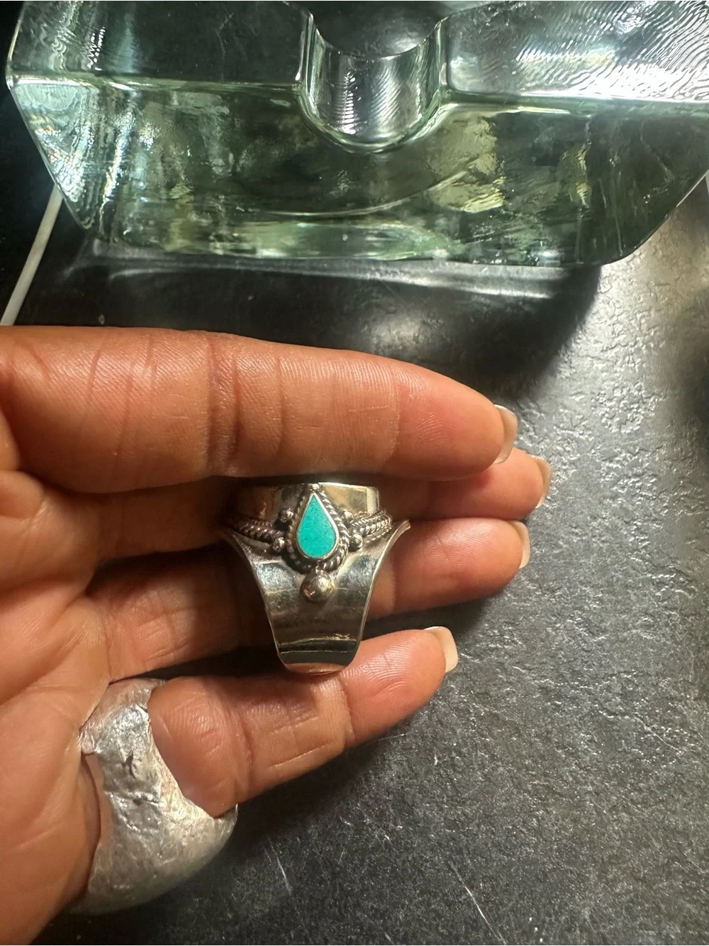 Tibet customBold Silver Statement Ring Black Onyx  Turquoise Accent adj. UNISEX